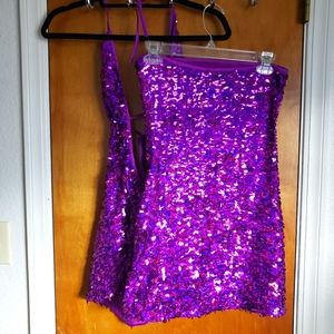 JUST TO FLIRT 2 Piece cut out mini PURPLE SEQUIN Skirt & Camisole